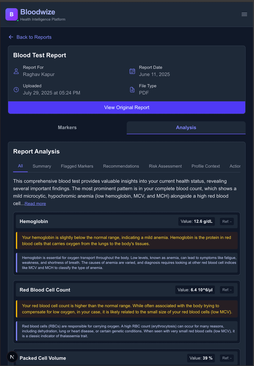 Bloodwize Report Analysis Interface